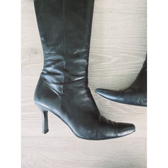 Stuart Weitzman Black Leather Tall High Heel Pointed Toe Zip Womens Boots 9 - Picture 3 of 16